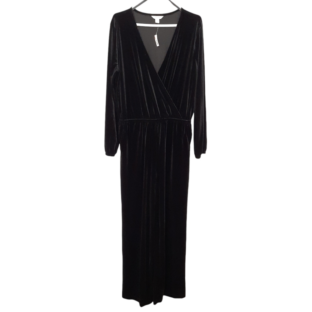 Joe Fresh Velour Black Wide Leg Jumpsuit Surplice Top Pockets Womens Size Large